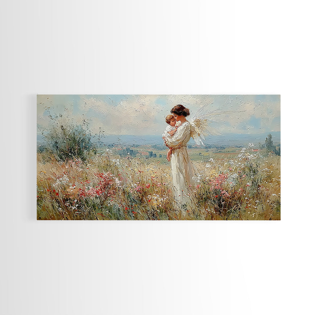 White Angel Mother And Child In Sunlit Wildflower Field Wall Art, Christian Home Decor, Serene Nursery Art Print Gift For Her