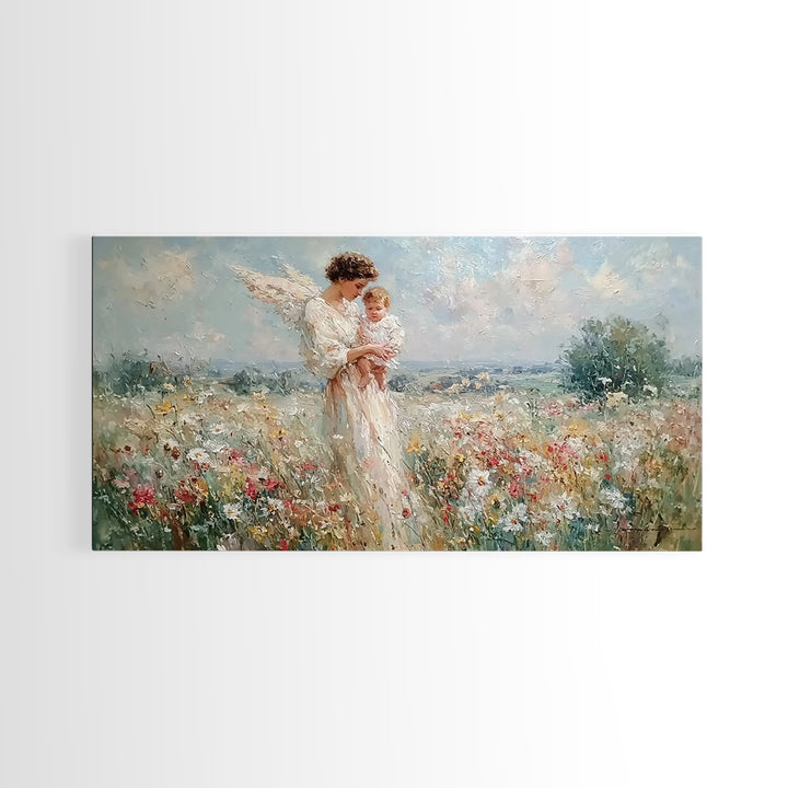 Impressionist Angel Mother With Baby In Daisy Meadow Framed Canvas Print, Christian Nursery Decor, Motherhood Wall Art Gift