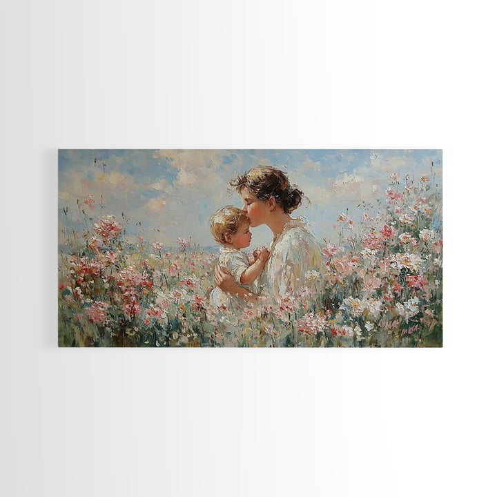 Mother Kissing Baby In Pink Wildflower Garden Wall Art, Impressionist Nursery Decor, Motherhood Gift, Feminine Art Print