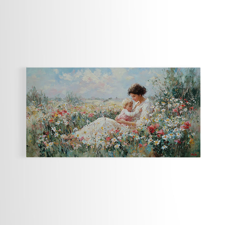 Mother And Baby In Wildflower Meadow Wall Art, Impressionist Floral Landscape, Fine Art Print, Motherhood Gift Home Decor