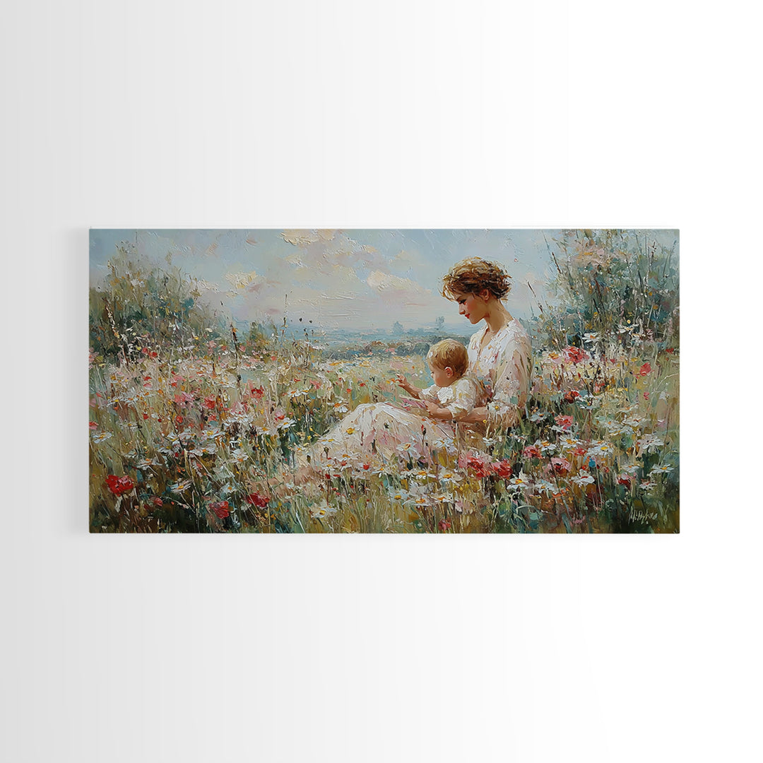 Seaside Wildflower Mother And Child Canvas Print, Impressionist Meadow Landscape, Mother's Day Gift, Living Room Home Decor