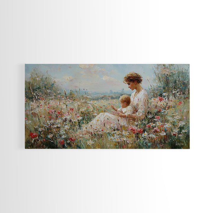Seaside Wildflower Mother And Child Canvas Print, Impressionist Meadow Landscape, Mother's Day Gift, Living Room Home Decor