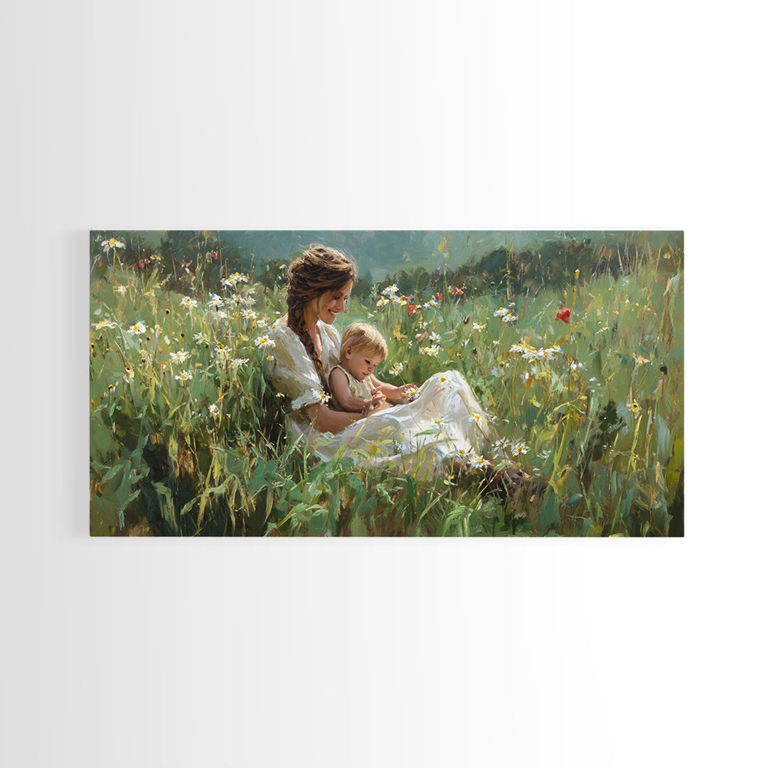 Sunlit Mother And Baby In Daisy Meadow Framed Canvas Print, Impressionist Floral Landscape, Gift For Her, Nursery Wall Decor