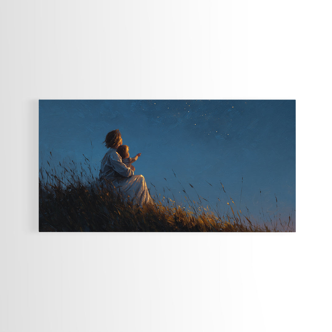 Mother And Child Stargazing On Moonlit Hill Wall Art, Calming Moody Celestial Landscape, Romantic Bedroom Decor, Gift For Her