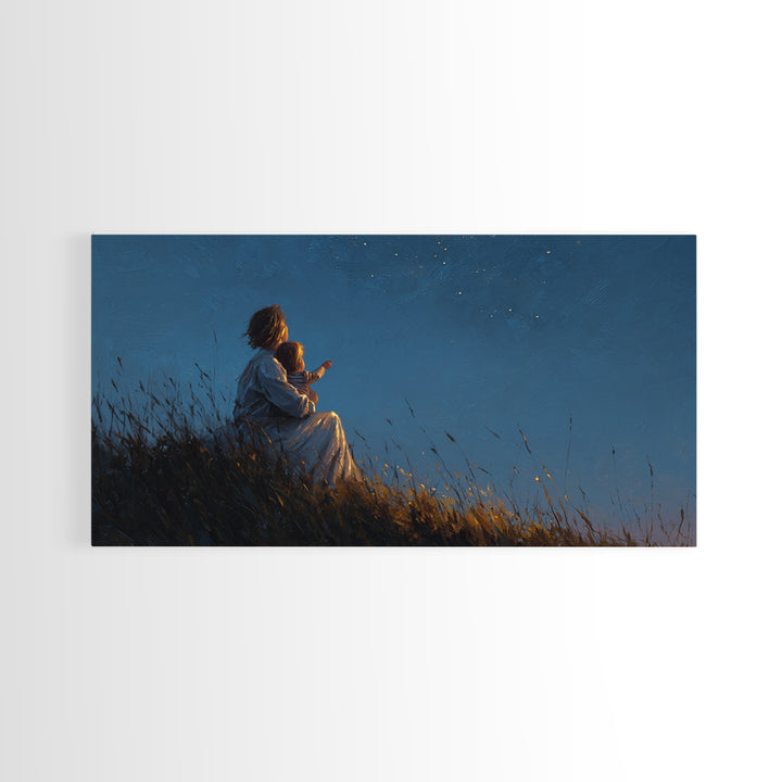 Mother And Child Stargazing On Moonlit Hill Wall Art, Calming Moody Celestial Landscape, Romantic Bedroom Decor, Gift For Her