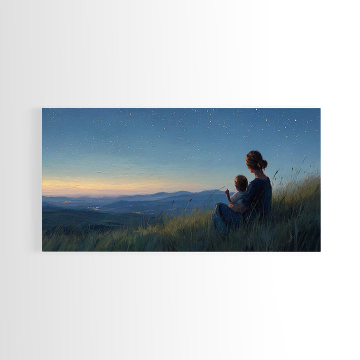 Mother And Child Under Starry Mountain Sky Canvas Print, Celestial Landscape, Blue Bedroom Art, Above Bed Decor, Gift For Her