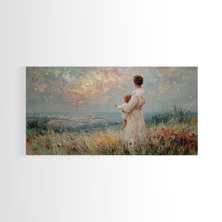 Mother Holding Baby At Sunset Meadow Framed Canvas Print, Romantic Floral Landscape, Fine Art Print, Nursery Wall Decor, Gift For Her