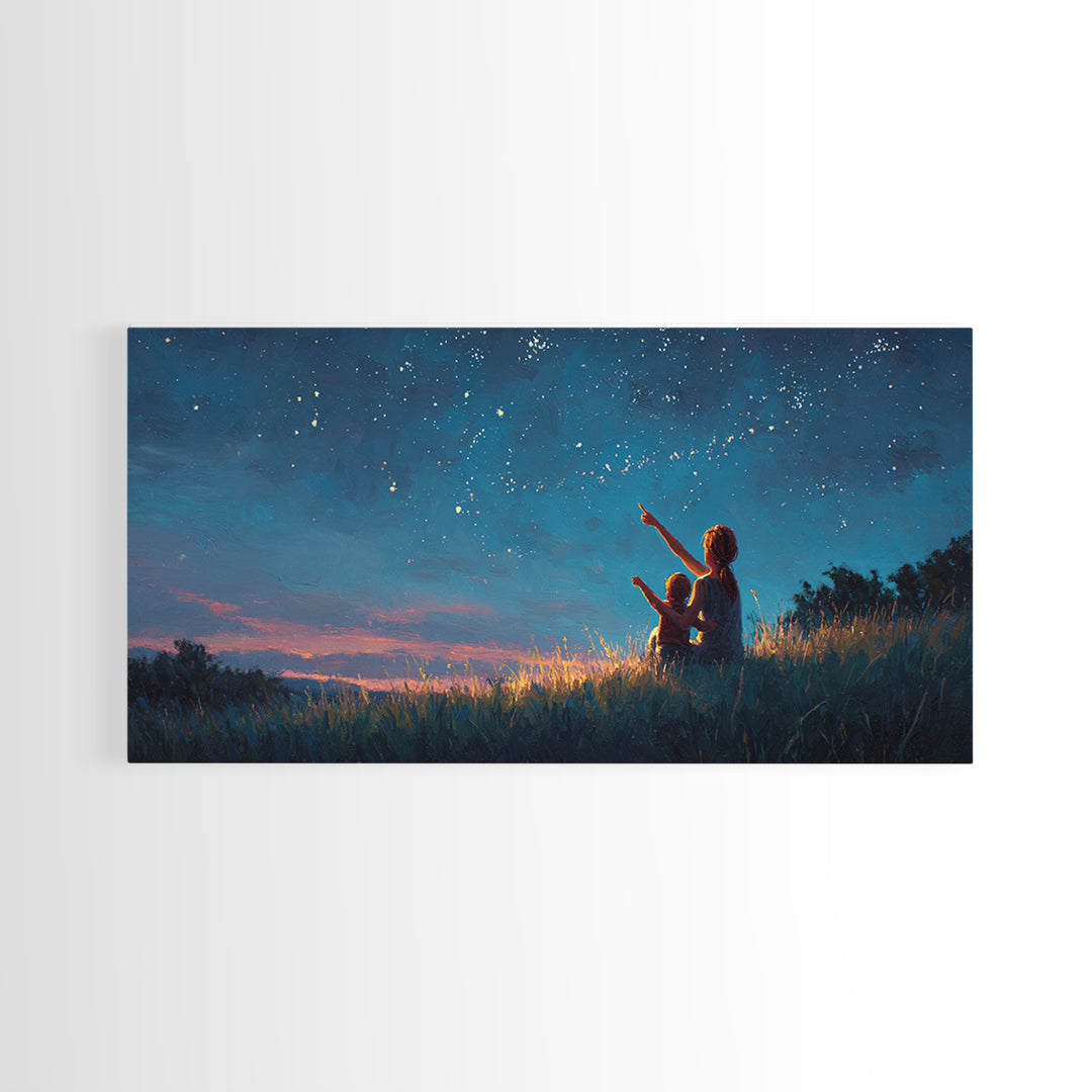 Mother And Child Pointing At Twilight Stars Canvas Print, Celestial Landscape, Blue Wall Art, Modern Bedroom Decor, Gift