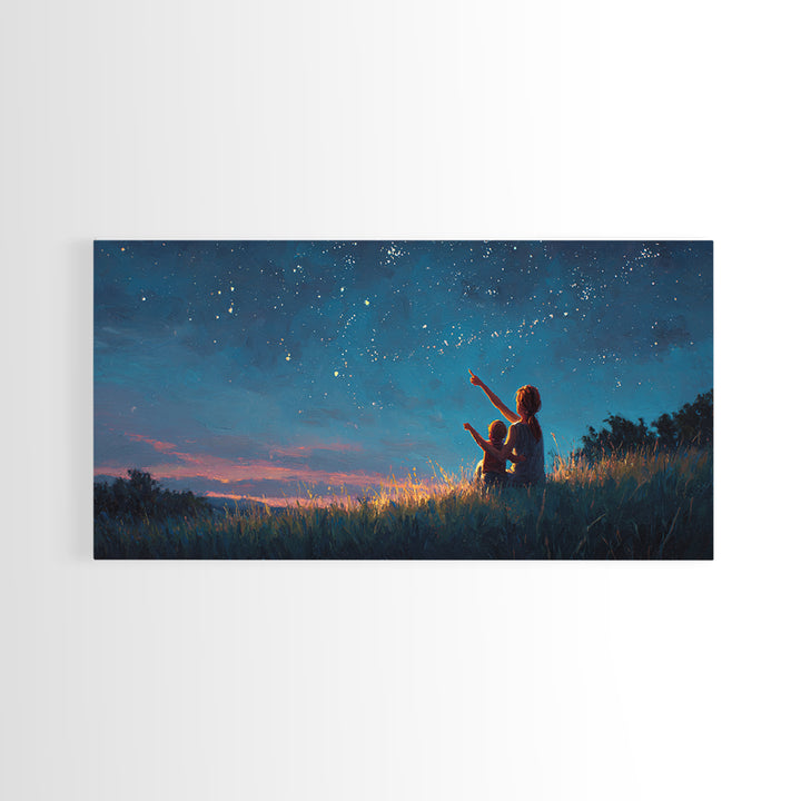 Mother And Child Pointing At Twilight Stars Canvas Print, Celestial Landscape, Blue Wall Art, Modern Bedroom Decor, Gift