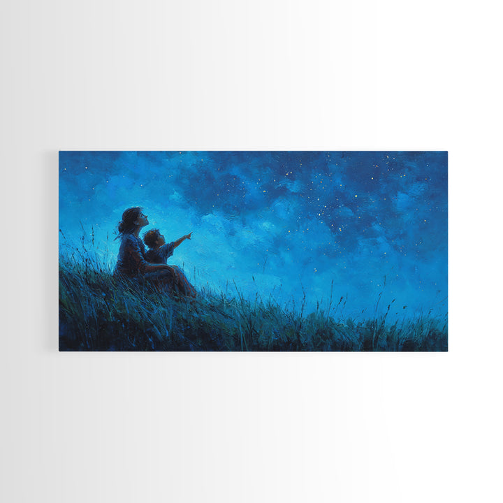 Mother And Child Beneath Deep Blue Starry Sky Wall Art, Celestial Landscape, Calming Bedroom Decor, Above Bed Print, Gift For Her