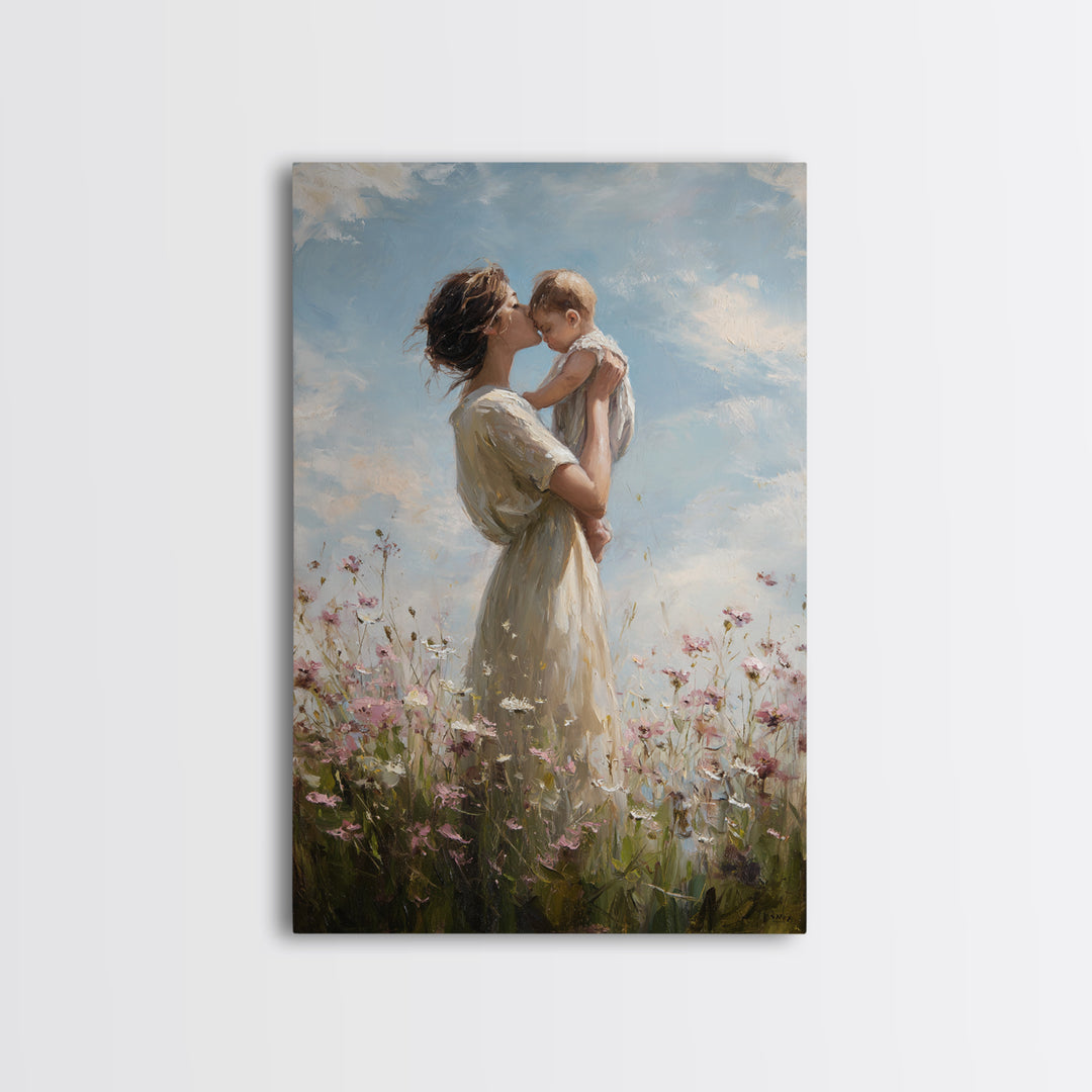 Mother Holding Baby In Wildflower Meadow Framed Canvas Print, Soft Sky Nursery Wall Art, Mothers Day Gift, Fine Art Print