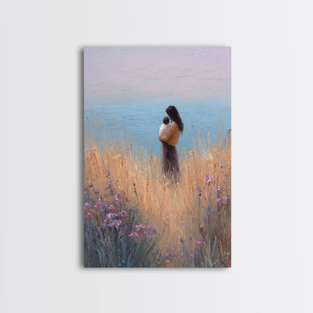 Mother And Baby By Ocean Grass Canvas Print, Pastel Coastal Wall Art, Peaceful Nursery Decor, Gift For Her, Minimalist Art