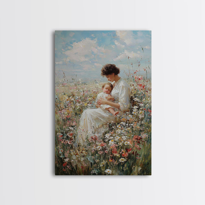 Seated Mother And Baby In Wildflowers Framed Canvas Print, Soft Floral Wall Art, Nursery Decor, Mothers Day Gift For Her