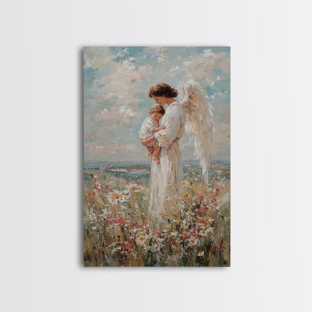 Guardian Angel Holding Child In Flower Meadow Wall Art, Christian Nursery Decor, Spiritual Canvas Print, Baptism Gift For Mom