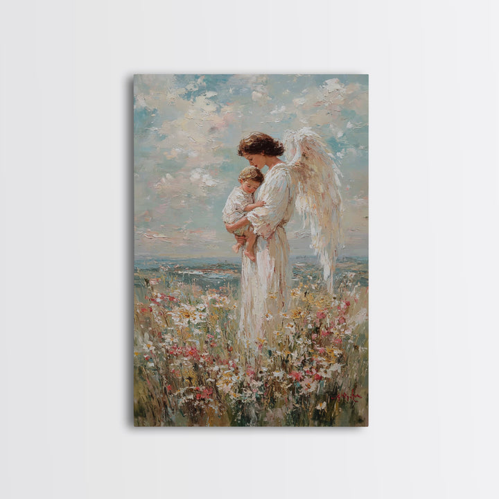 Guardian Angel Holding Child In Flower Meadow Wall Art, Christian Nursery Decor, Spiritual Canvas Print, Baptism Gift For Mom