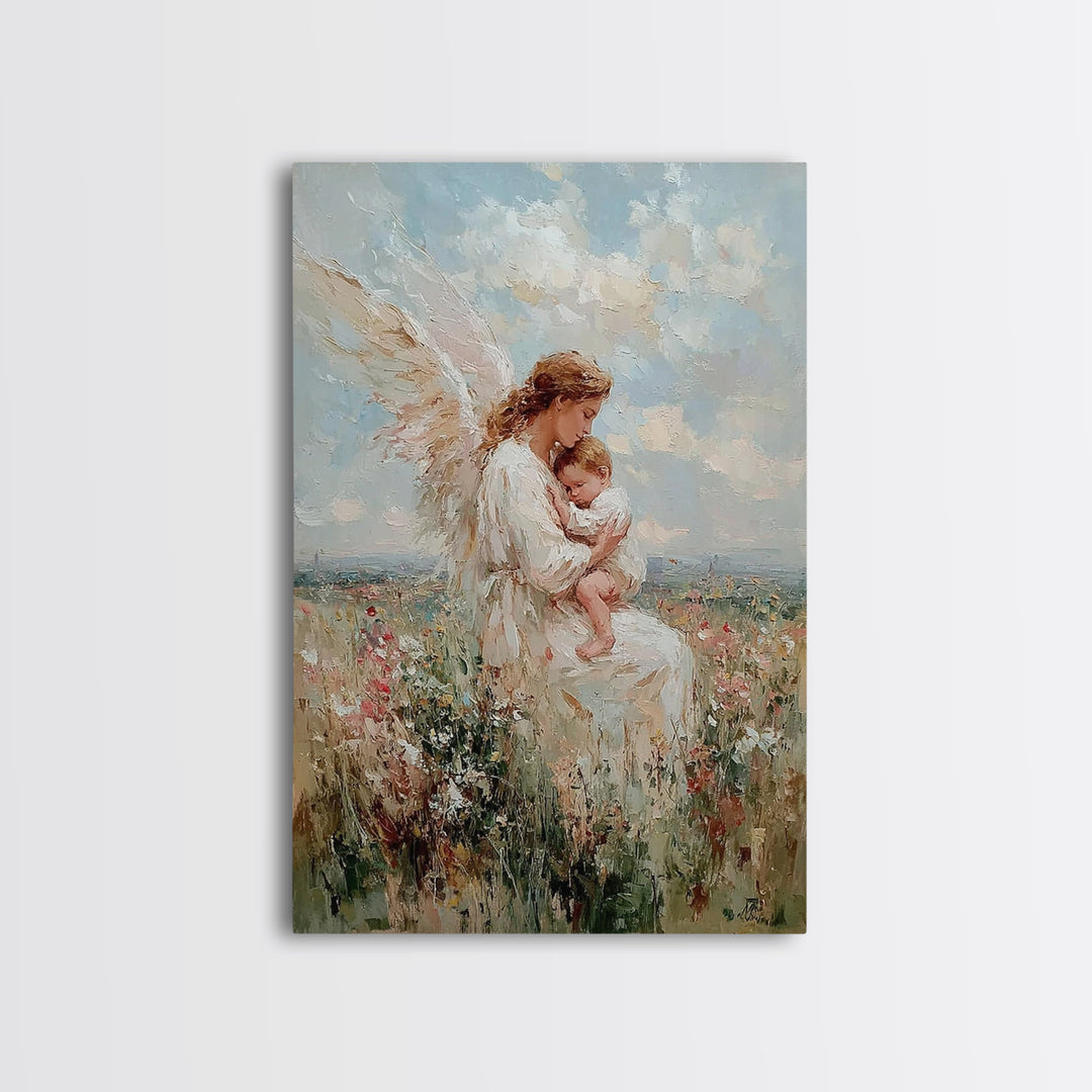 Angel Mother Cradling Baby In Wildflower Field Framed Canvas Print, Christian Wall Art, Nursery Decor, Spiritual Gift For Mom