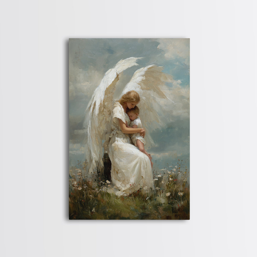 Winged Guardian Angel Embracing Baby Framed Canvas Print, Heavenly Christian Wall Art, Nursery Decor, Baptism Gift For Her
