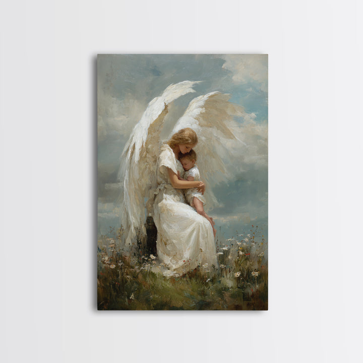 Winged Guardian Angel Embracing Baby Framed Canvas Print, Heavenly Christian Wall Art, Nursery Decor, Baptism Gift For Her