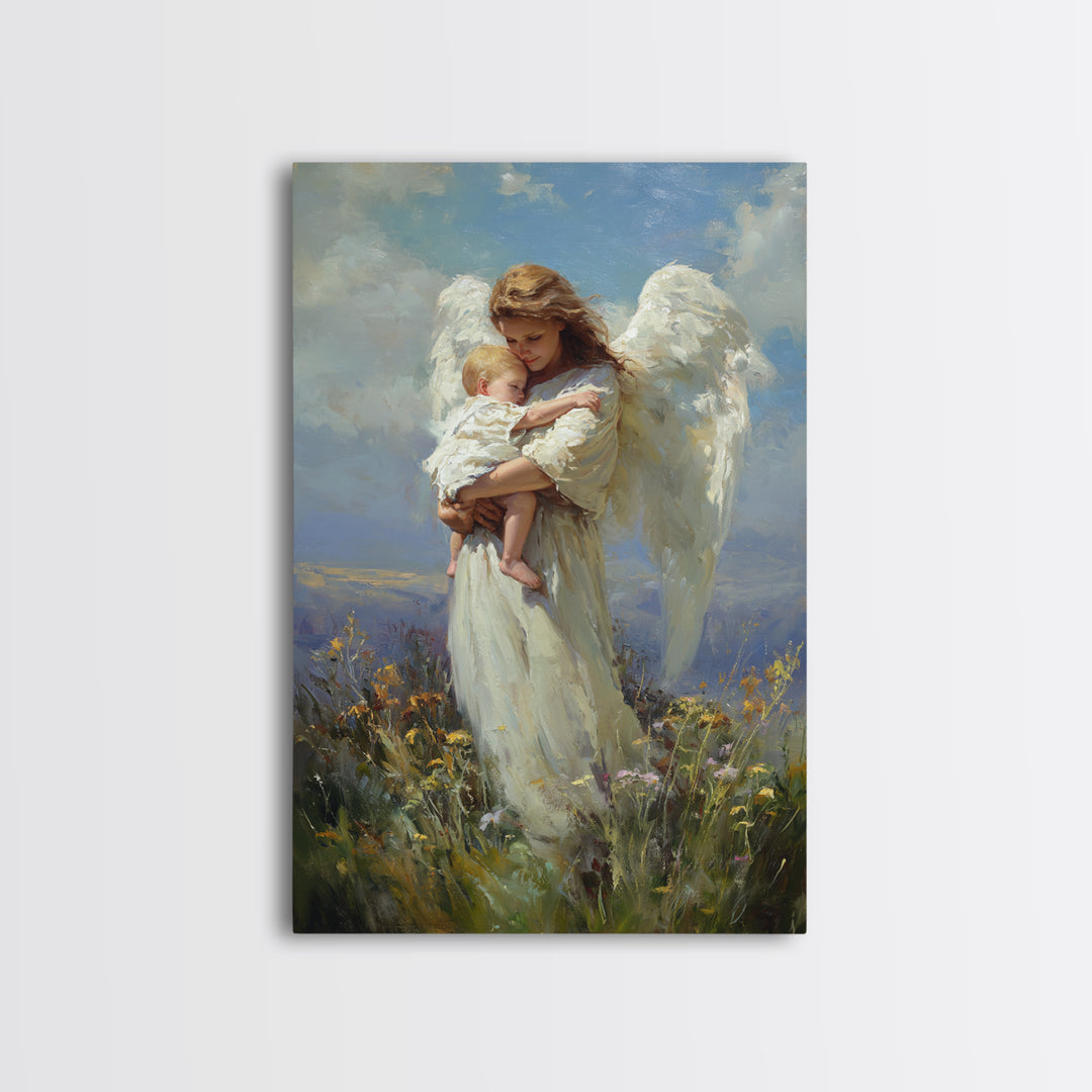 Angel Holding Sleeping Baby In Meadow Canvas Print, Serene Christian Wall Art, Nursery Decor, Guardian Angel Gift For Mom
