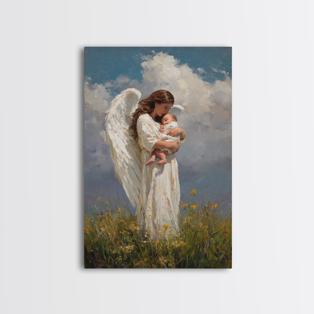 Guardian Angel Holding Newborn Under Clouds Wall Art, Christian Nursery Decor, Baptism Gift, Spiritual Framed Canvas Print