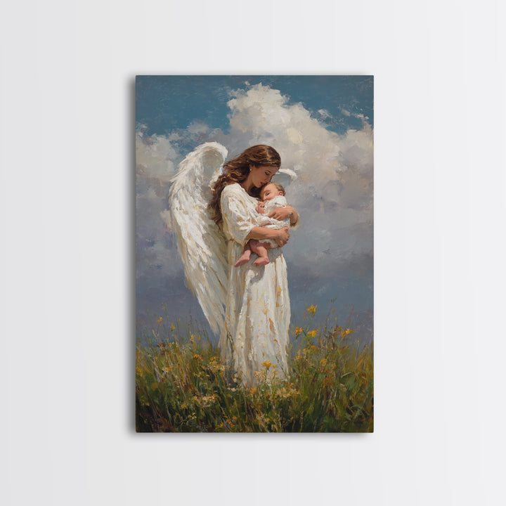 Guardian Angel Holding Newborn Under Clouds Wall Art, Christian Nursery Decor, Baptism Gift, Spiritual Framed Canvas Print