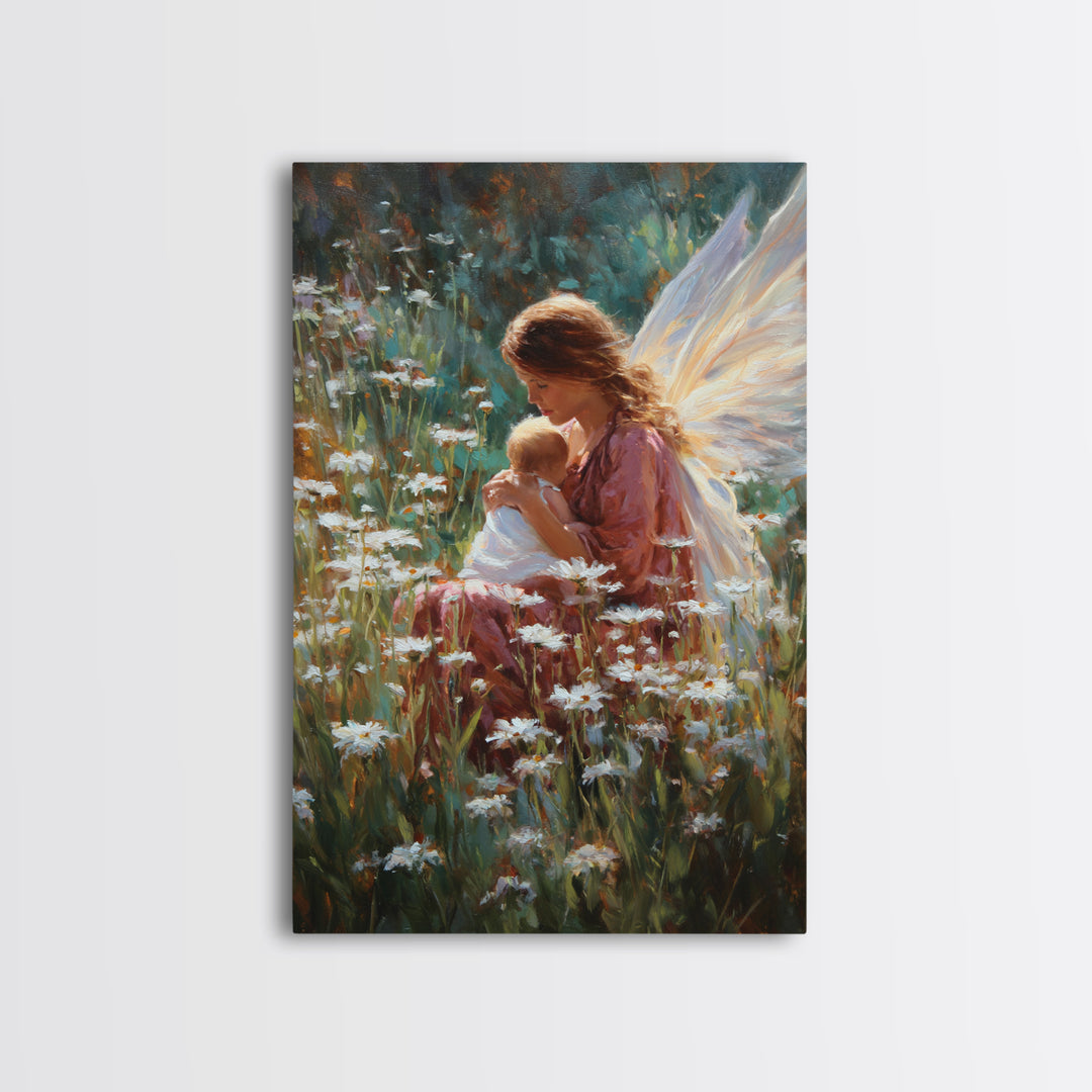 Fairy Mother And Baby In Daisy Garden Framed Canvas Print, Fantasy Wall Art, Nursery Decor, Whimsical Art Print, Gift For Her