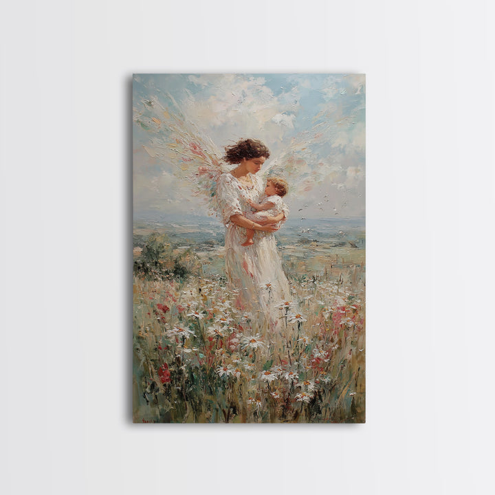 Angel Mother With Infant In Wildflower Meadow Canvas Print, Christian Wall Art, Nursery Decor, Spiritual Gift, Feminine Art