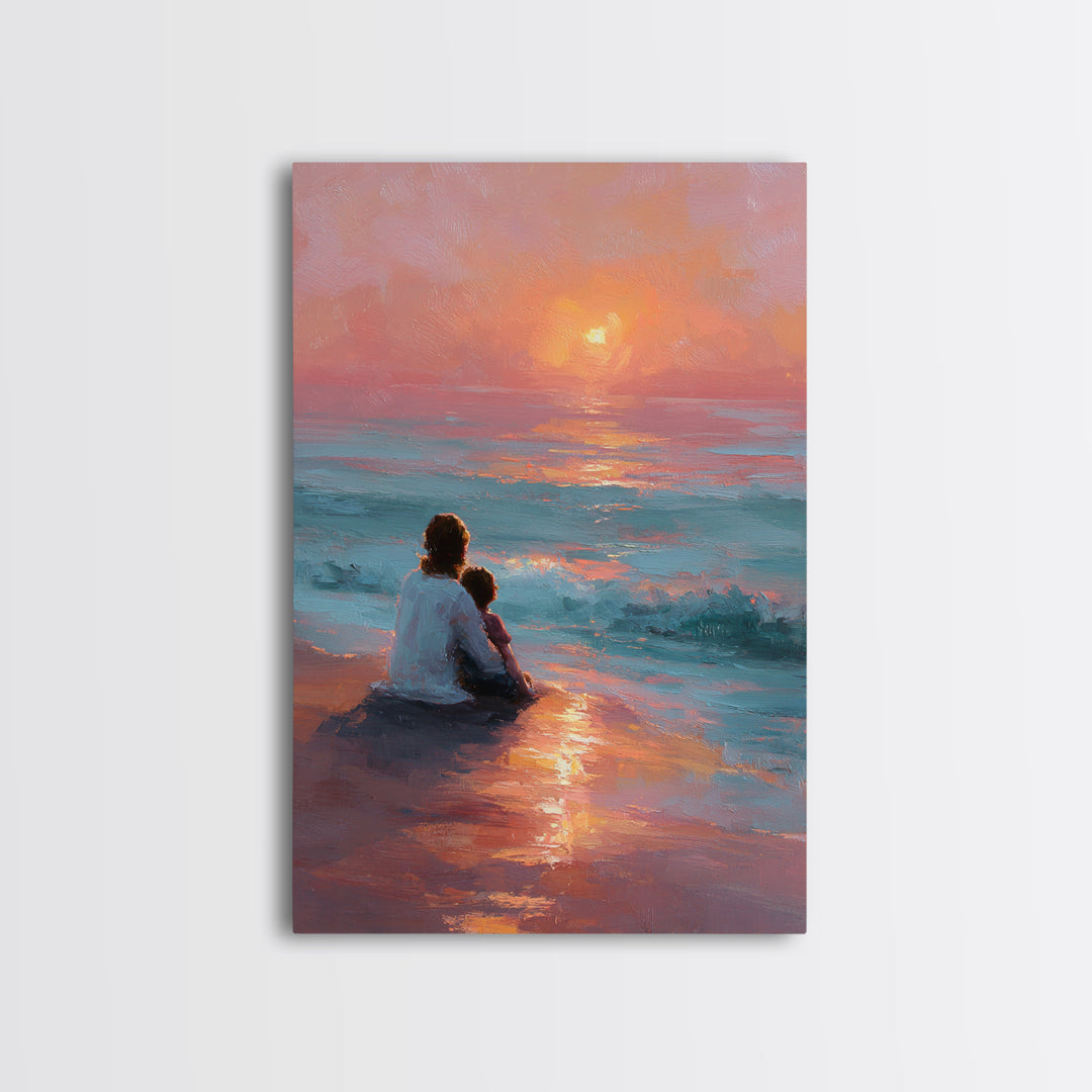 Mother And Child At Pink Ocean Sunset Wall Art, Coastal Beach Canvas Print, Nursery Decor, Mothers Day Gift, Living Room Decor