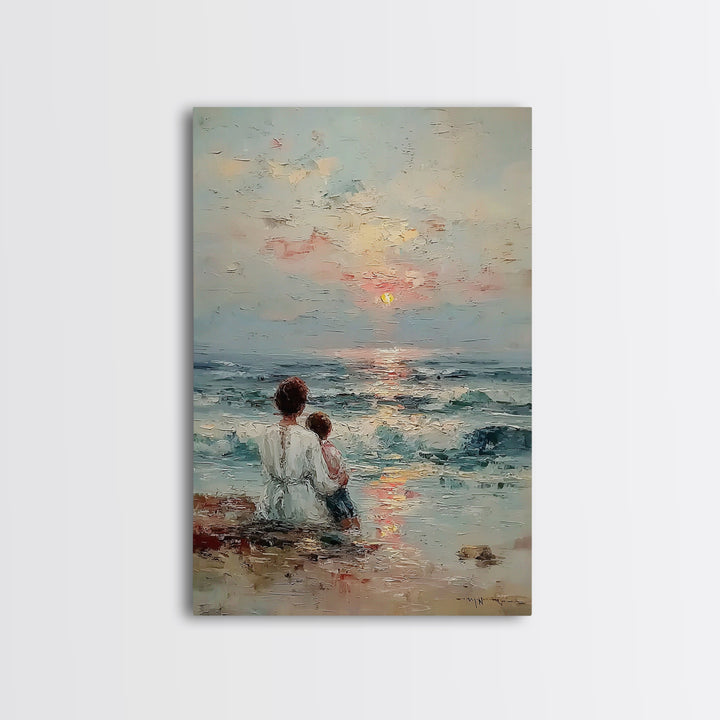 Mother And Child Watching Soft Ocean Sunrise Framed Canvas Print, Coastal Wall Art, Beach House Decor, Mothers Day Gift, Home Decor