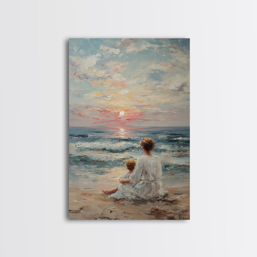 Mother And Child At Pale Seaside Sunrise Framed Canvas Print, Ocean Wall Art, Coastal Nursery Decor, Housewarming Gift, Home Decor
