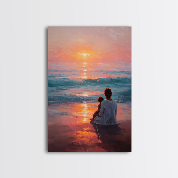 Mother And Child In Vibrant Sunset Surf Wall Art, Coastal Canvas Print, Ocean Beach Decor, Mothers Day Gift, Bedroom Decor