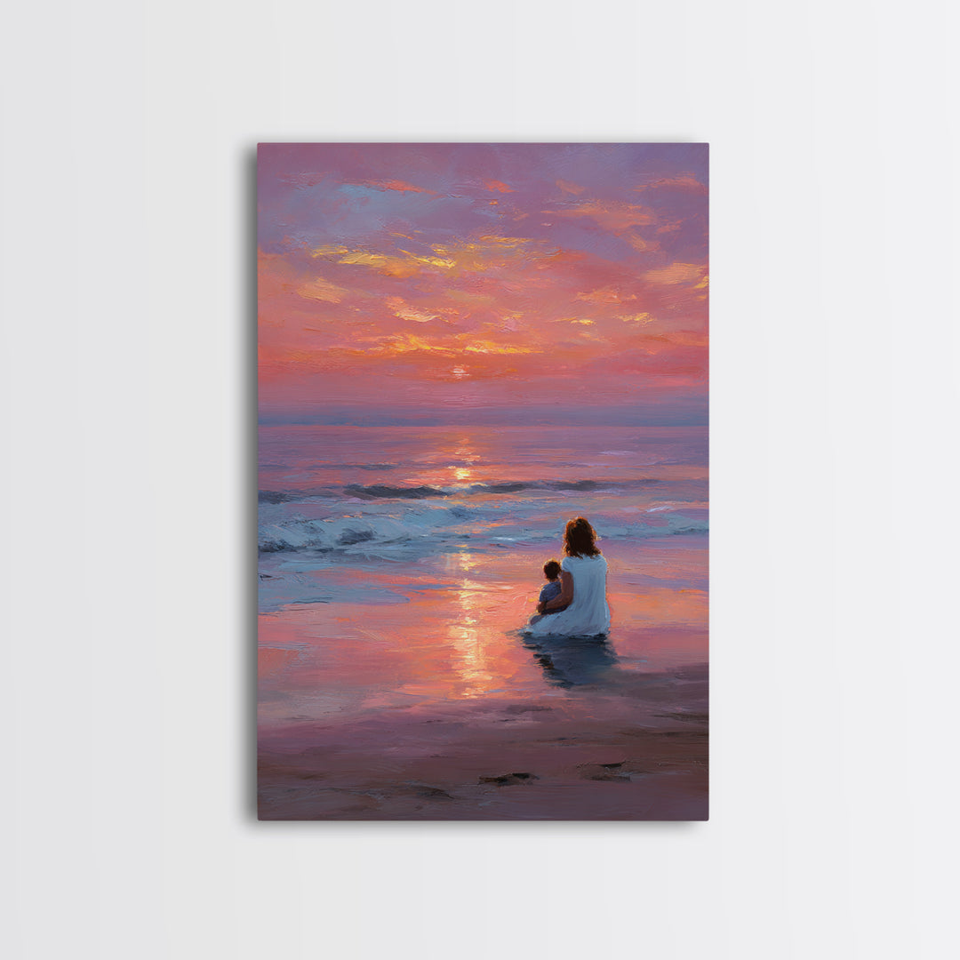 Mother And Baby In Pink Purple Ocean Sunset Canvas Print, Beach Wall Art, Coastal Bedroom Decor, Mothers Day Gift, Nursery Art