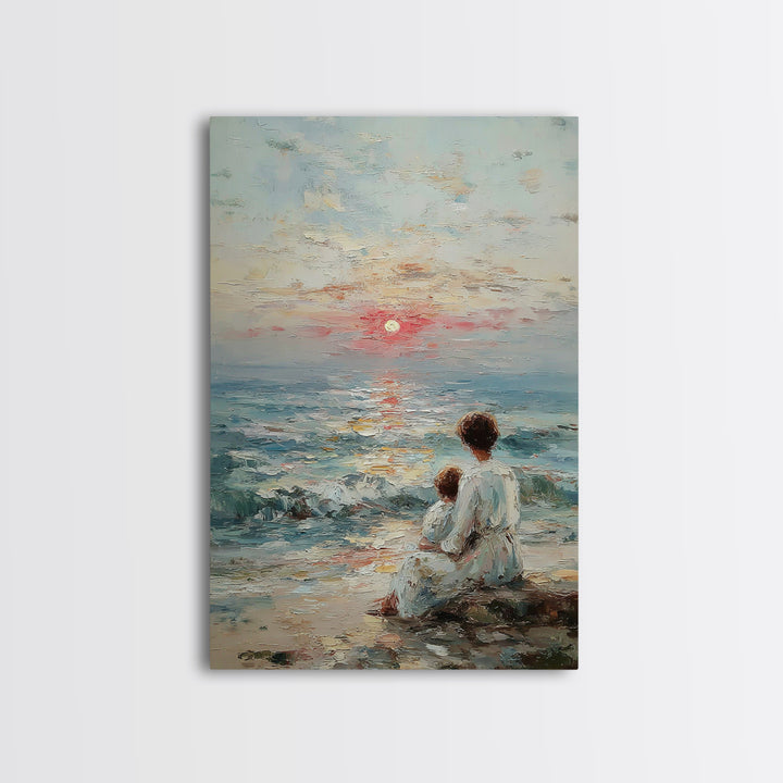 Mother And Child Watching Textured Sea Sunrise Framed Canvas Print, Coastal Wall Art, Beach House Decor, Living Room Art