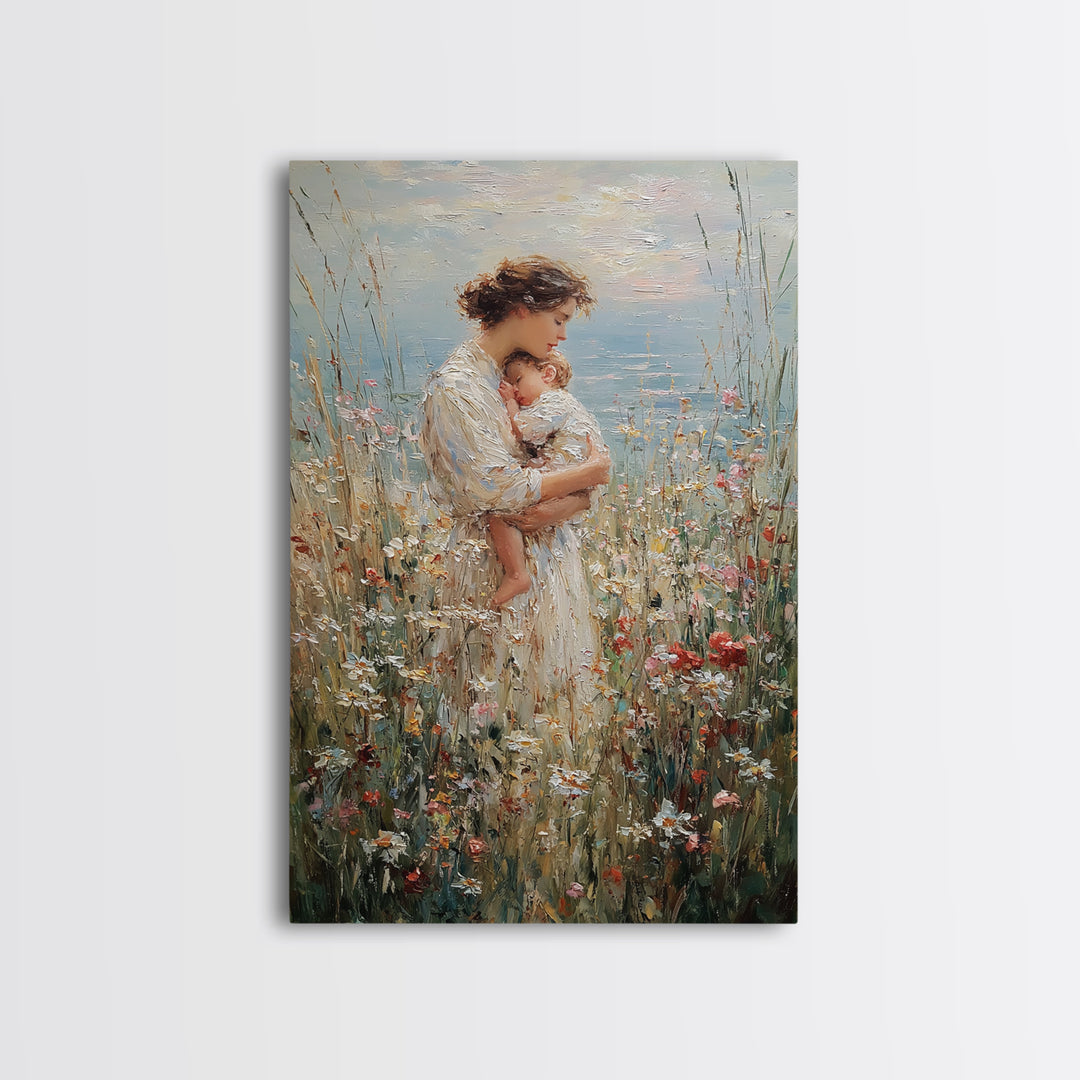 Tender Mother Holding Baby In Wildflower Meadow Wall Art, Impressionist Canvas Print For Nursery And Feminine Bedroom Decor