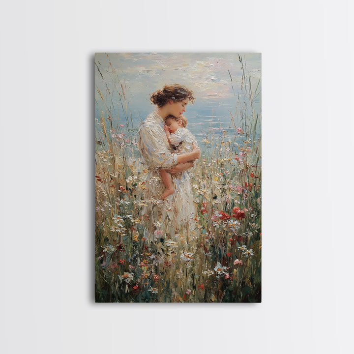 Tender Mother Holding Baby In Wildflower Meadow Wall Art, Impressionist Canvas Print For Nursery And Feminine Bedroom Decor