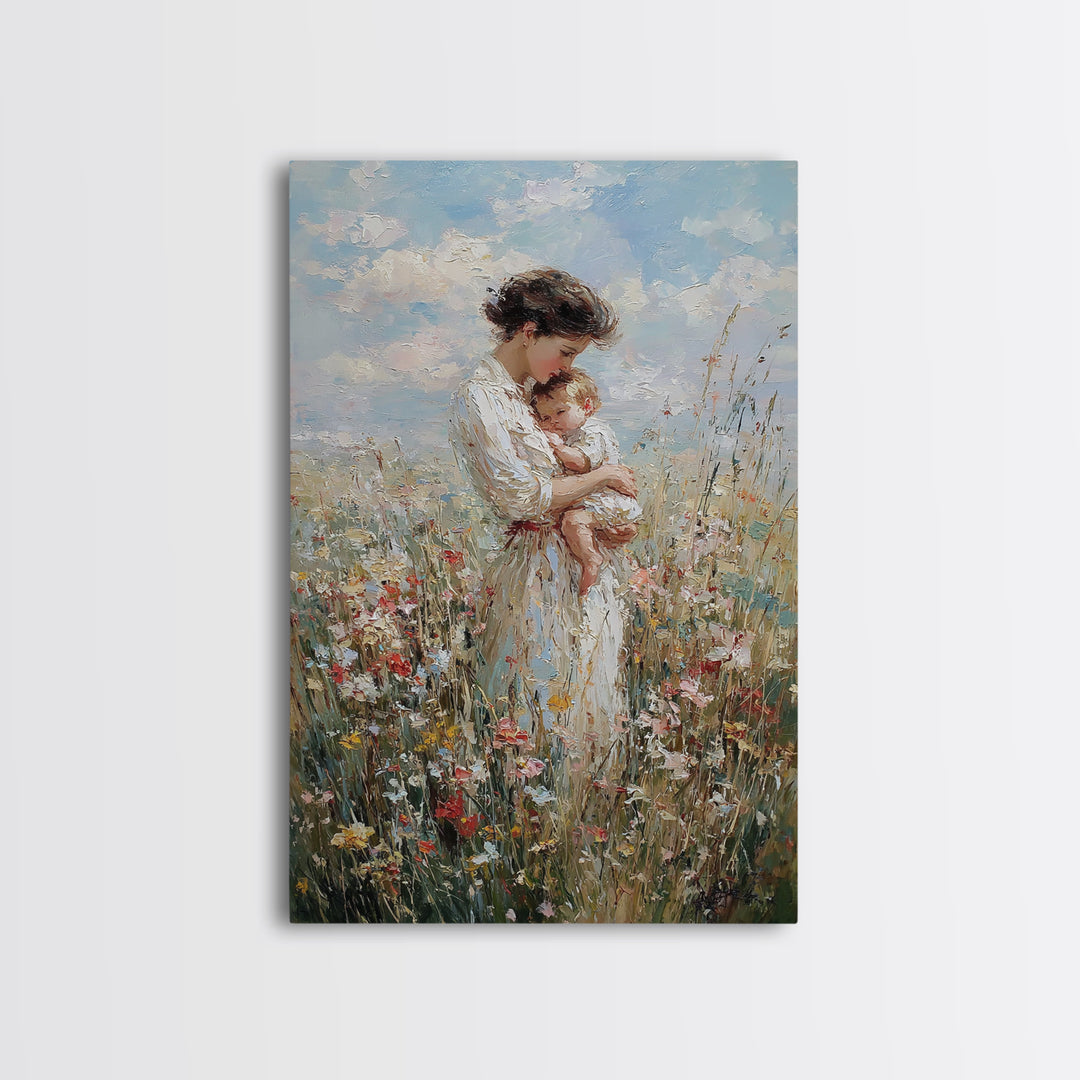 Mother And Baby In Blooming Meadow Framed Canvas Print, Soft Impressionist Wall Art For Nursery And Motherhood Home Decor