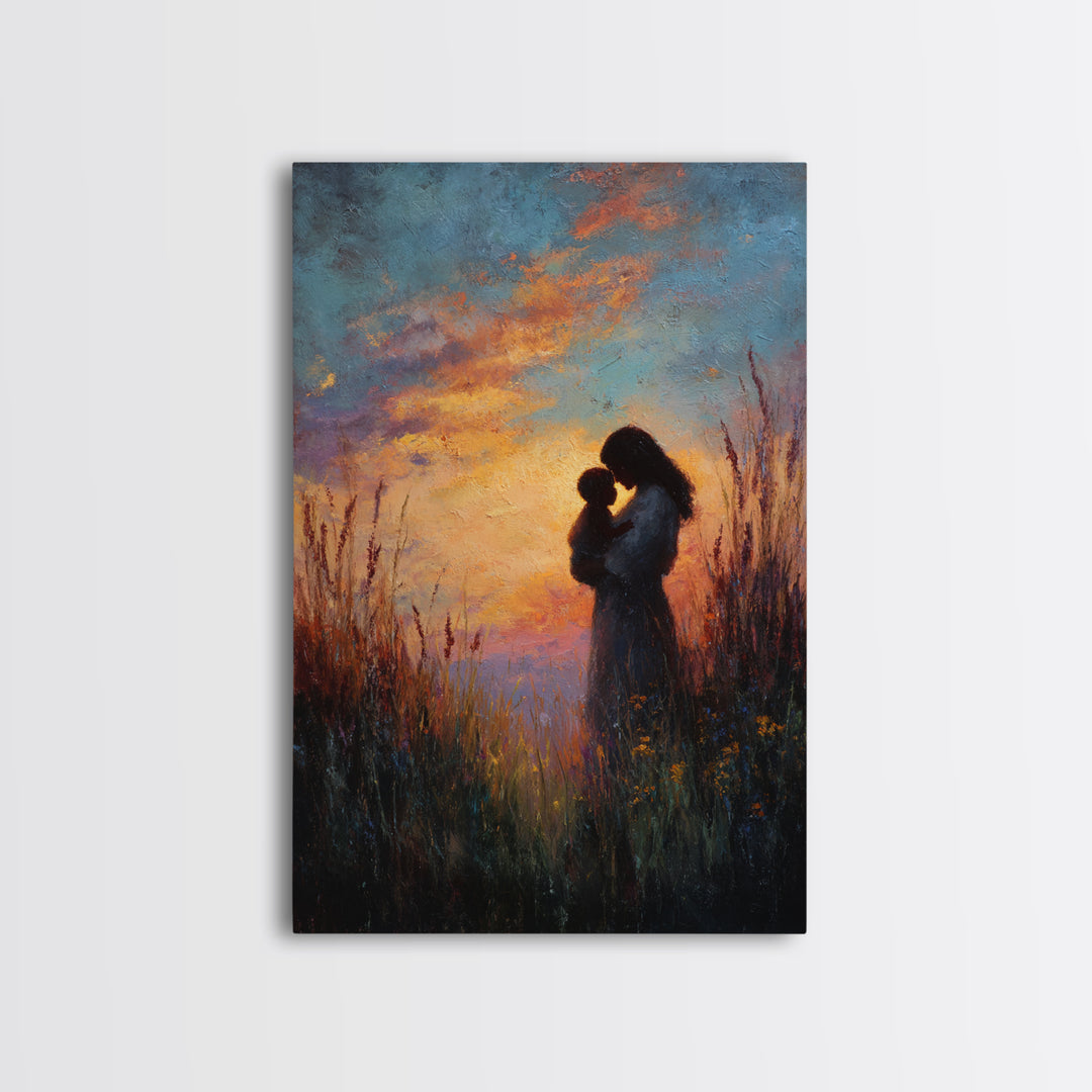 Sunset Silhouette Of Mother And Child In Meadow Wall Art, Moody Canvas Print For Nursery, Bedroom Decor, And Gift For Mom