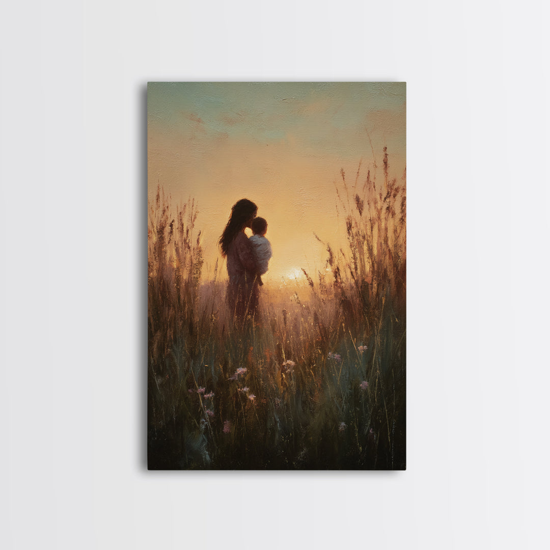 Golden Sunset Mother And Child Silhouette Canvas Print, Warm Meadow Wall Art For Nursery, Bedroom Decor, And Mothers Day Gift