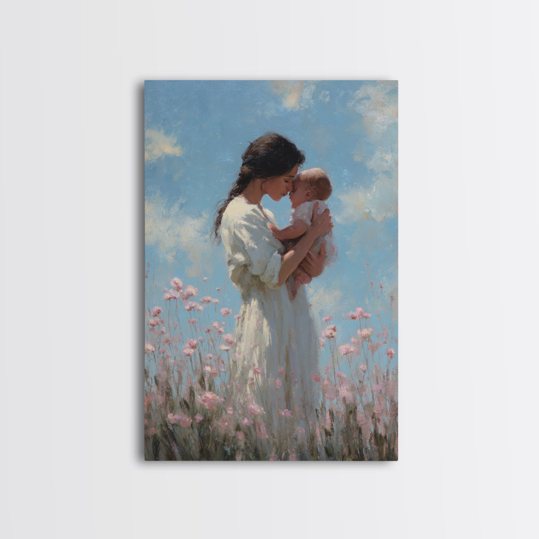 Mother And Baby Among Pink Wildflowers Wall Art, Soft Impressionist Canvas Print For Nursery Decor, Baby Shower Gift, Gift For Mom