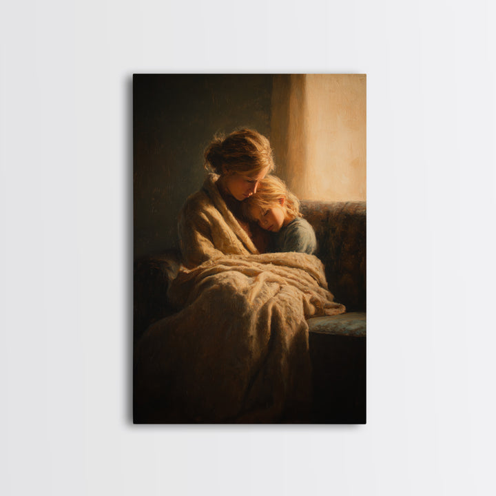 Cozy Mother And Daughter By Window Wall Art, Moody Impressionist Canvas Print For Bedroom Decor, Nursery Art, And Gift For Her