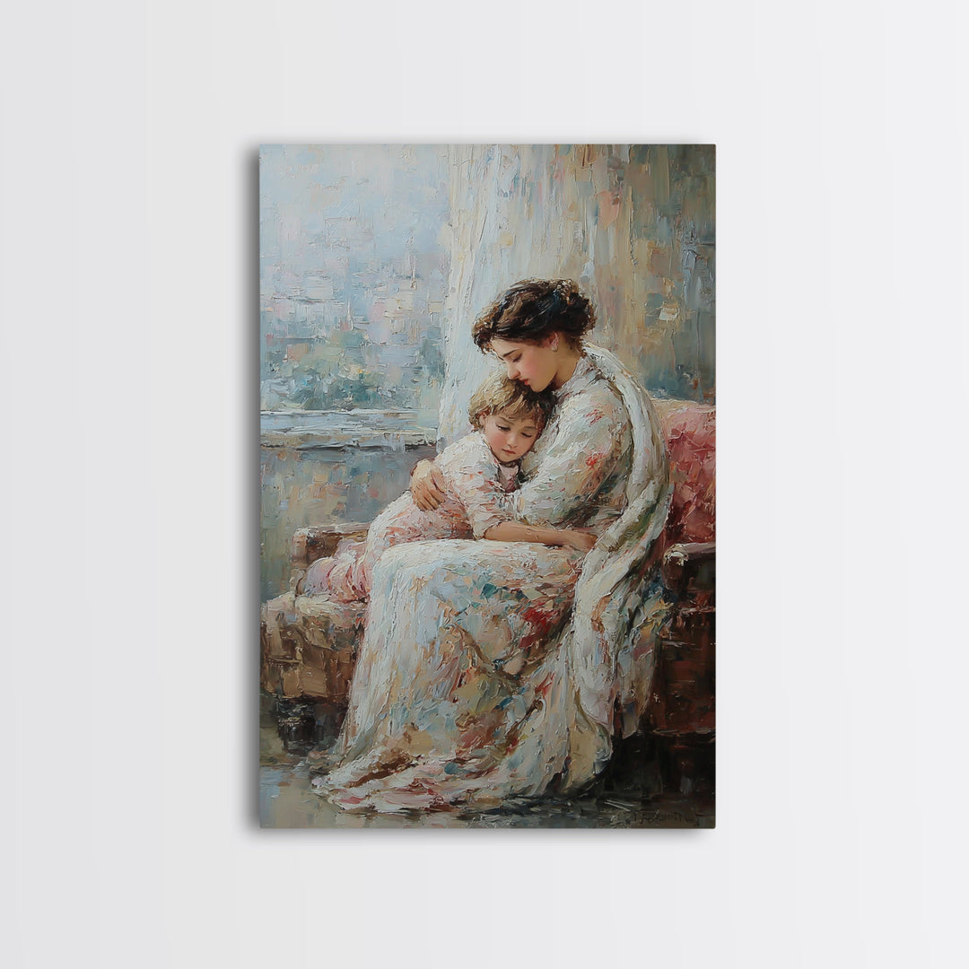 Mother And Child Resting On Floral Sofa Framed Canvas Print, Impressionist Wall Art For Living Room Decor And Gift For Mom