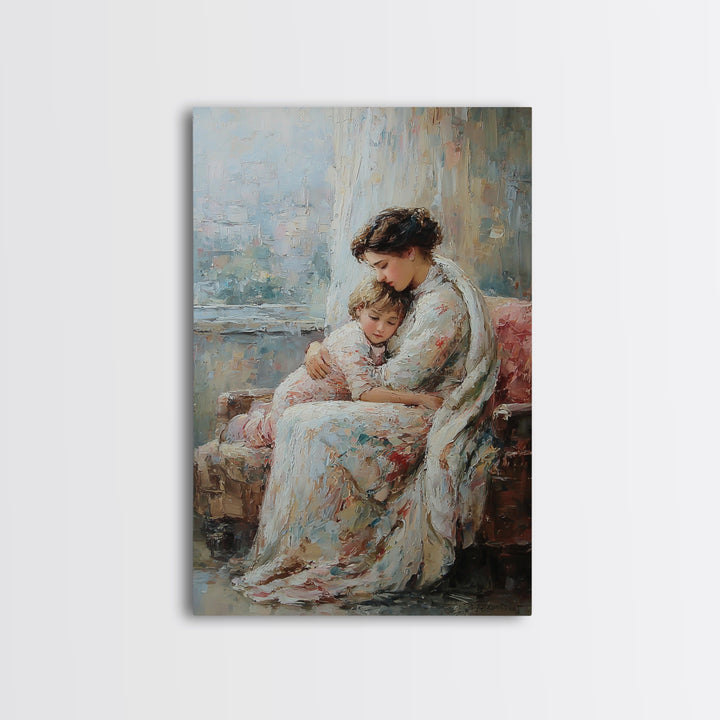 Mother And Child Resting On Floral Sofa Framed Canvas Print, Impressionist Wall Art For Living Room Decor And Gift For Mom