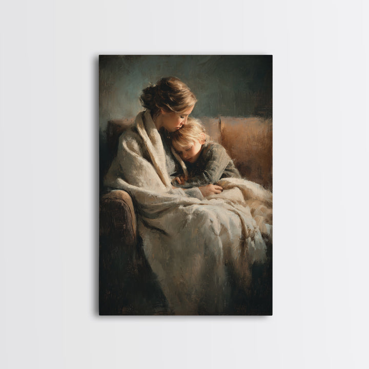 Moody Mother And Child Wrapped In Blanket Wall Art, Warm Impressionist Canvas Print For Bedroom Decor, Nursery, And Gift For Mom