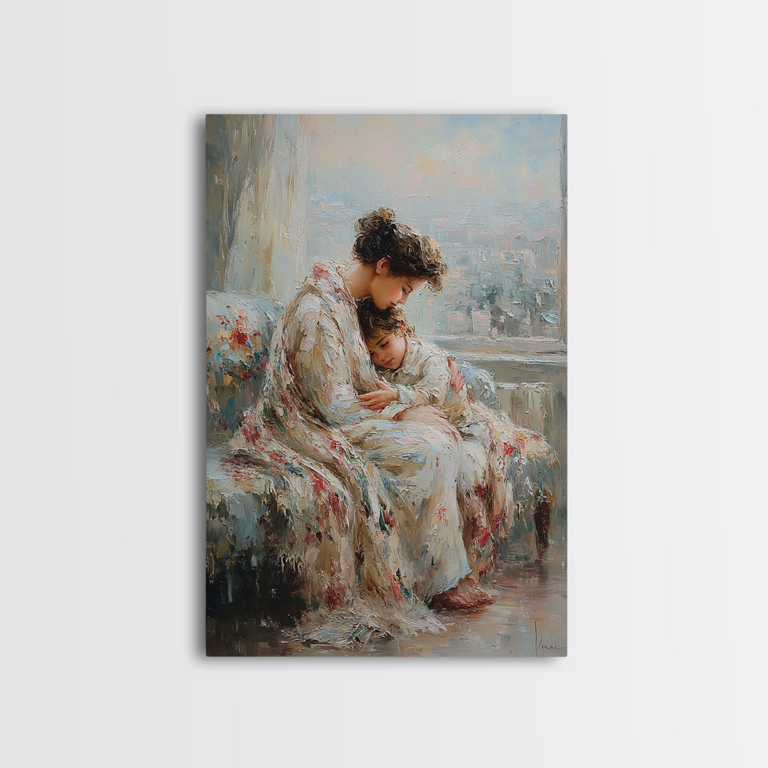 Mother And Child Cuddling By City Window Canvas Print, Soft Impressionist Wall Art For Bedroom Decor, Nursery, And Gift For Her