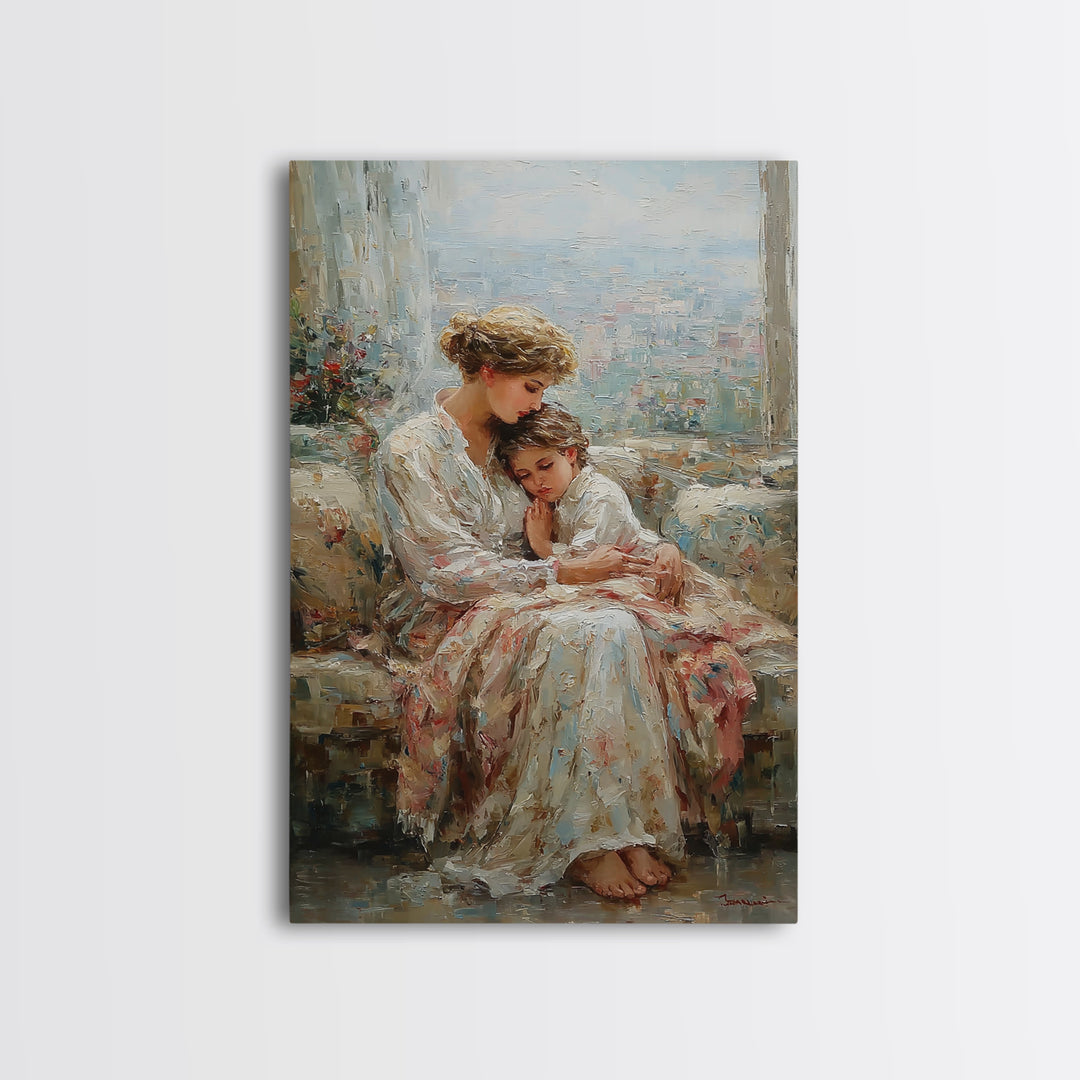 Mother And Child By Bright Window Wall Art, Textured Impressionist Canvas Print For Living Room Decor, Nursery, And Gift For Mom