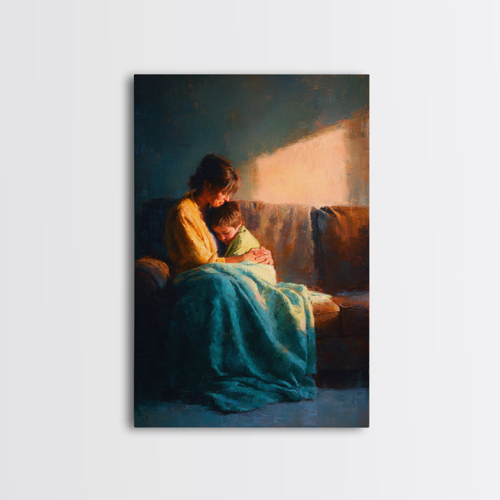 Mother And Child In Sunlit Embrace Wall Art, Impressionist Oil Painting Print, Cozy Nursery Decor, Gift For Mom, Living Room Decor