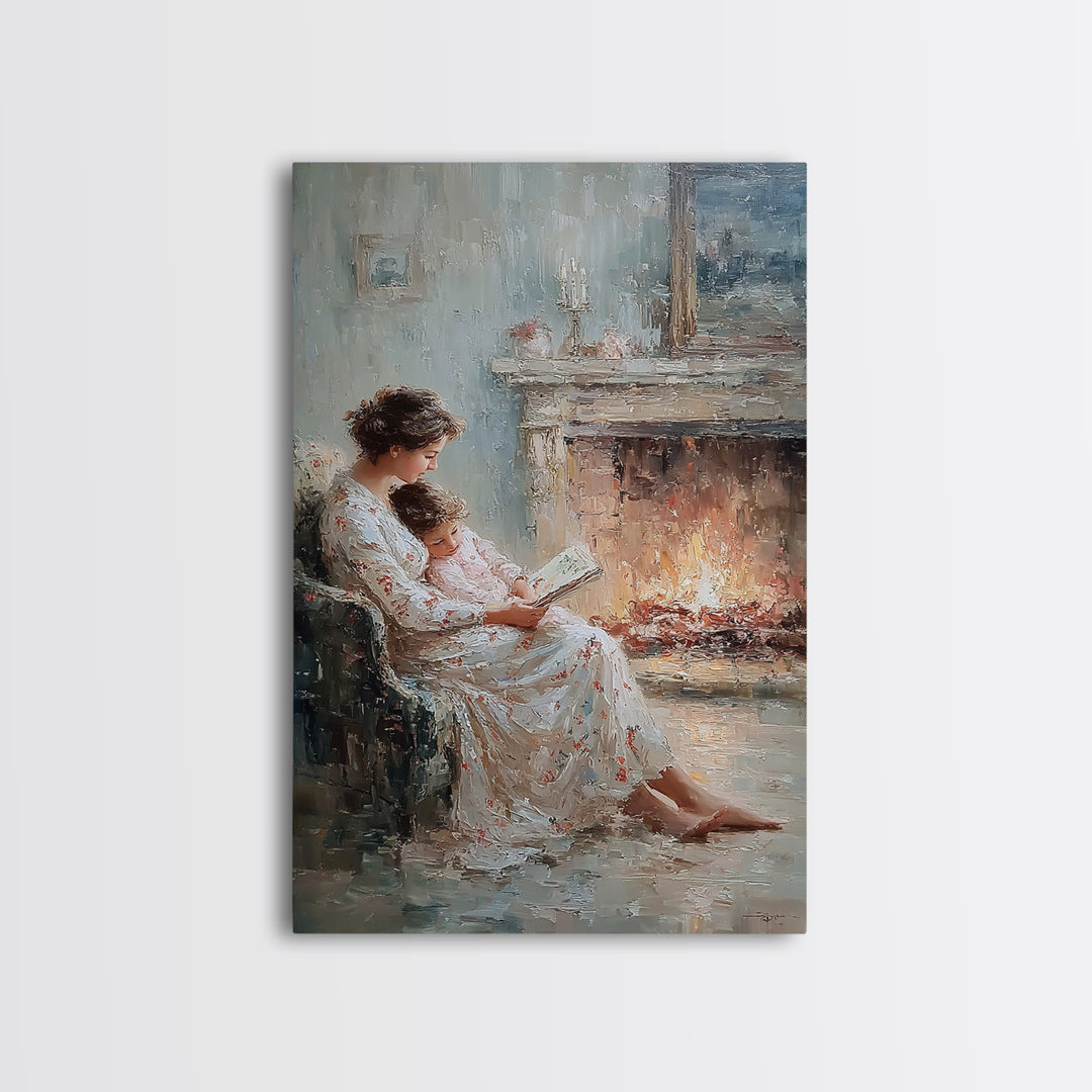 Mother And Child Reading Beside Elegant Fireplace Canvas Print, Impressionist Wall Art, Cozy Bedroom Decor, Gift For Mom