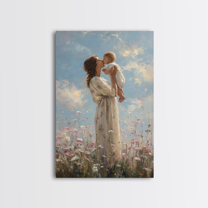 Mother Kissing Baby In Wildflower Meadow Wall Art, Impressionist Oil Painting, Feminine Nursery Decor, Gift For Mom Print