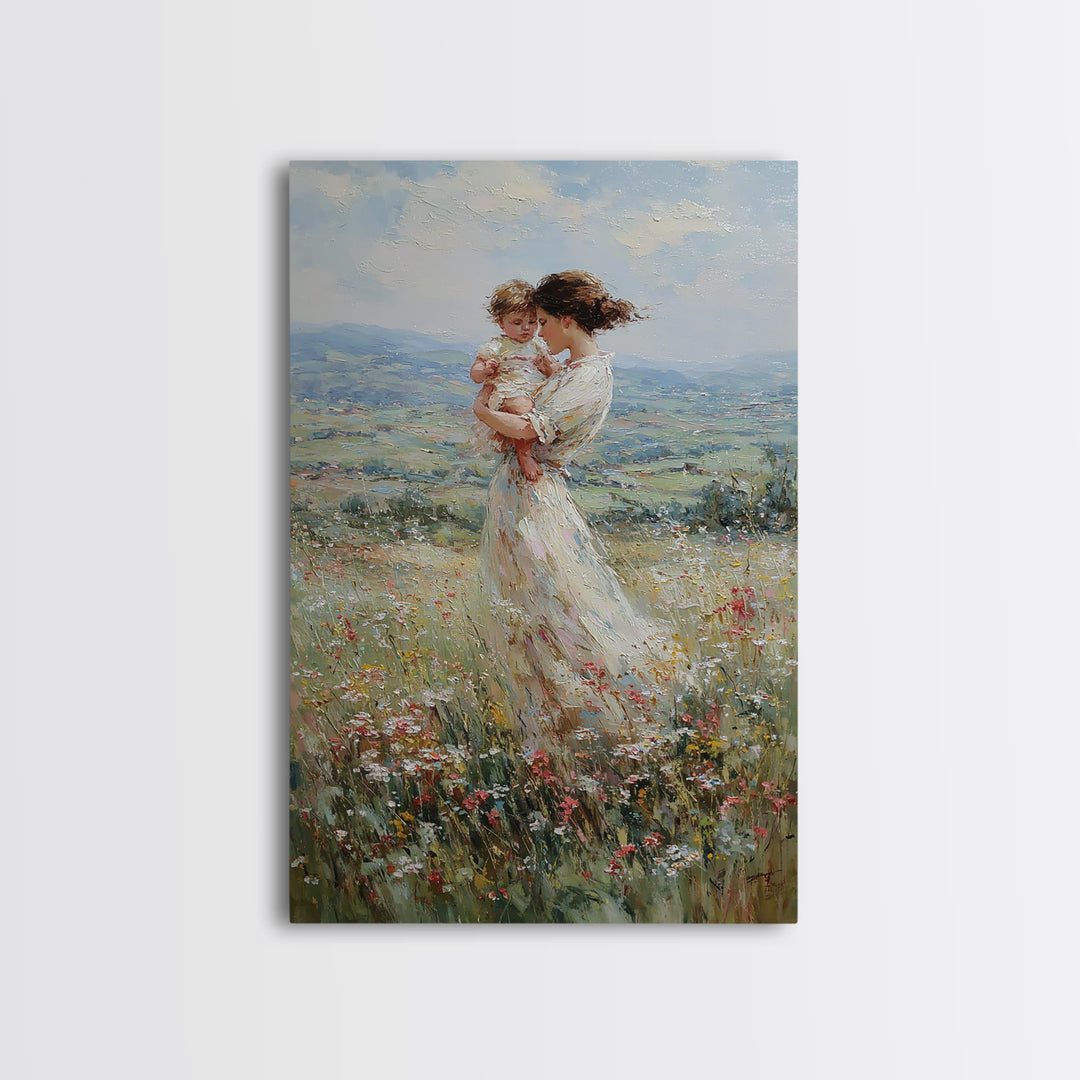 Mother Holding Baby In Windy Wildflower Valley Wall Art, Impressionist Landscape Painting, Feminine Nursery Decor, Gift For Mom