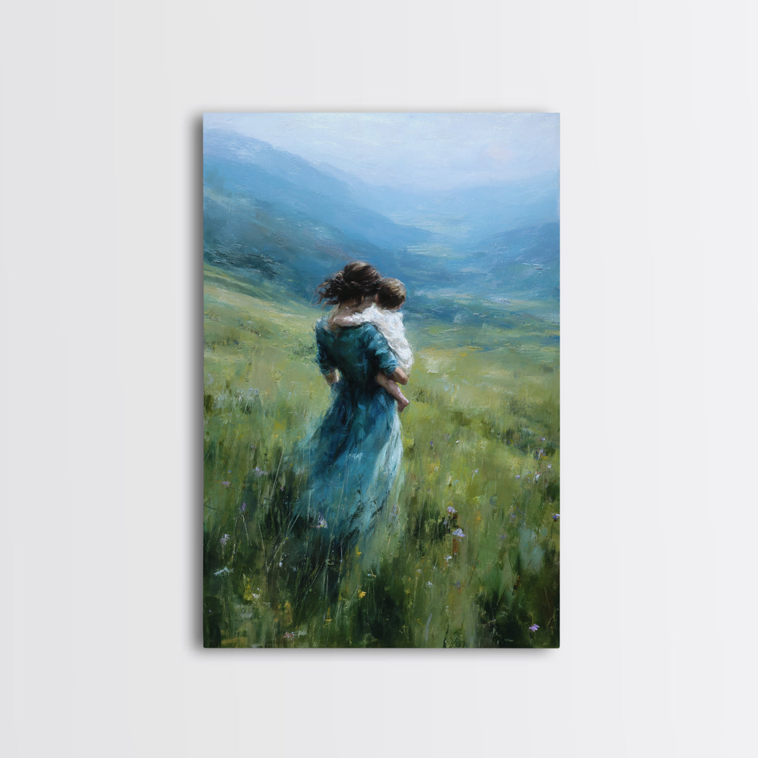 Mother And Child Embracing In Blue Mountain Meadow Canvas Print, Calming Landscape Wall Art, Nature Decor, Gift For Mom Print